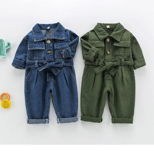 Denim Cargo Jumpsuit - Long sleeve and Pant with Waist Tie - Tokemates