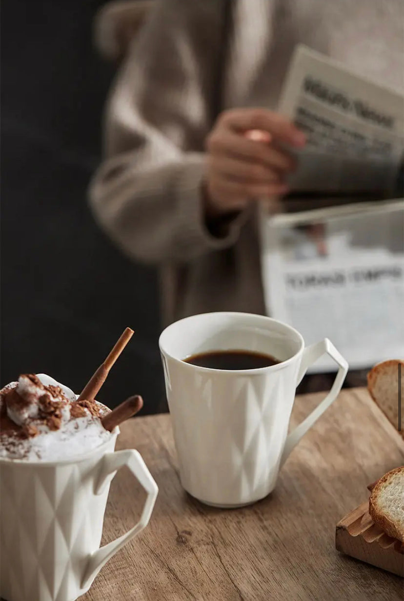 Rhombic White Mug - Elegant Coffee/Cappuccino Mug 12 Fl Oz - Tokemates