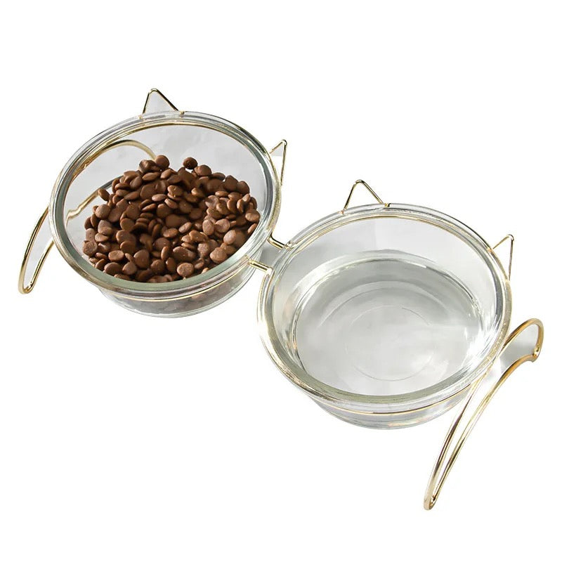 Glass Pet Food + Water Bowl - Meow/Woof Dual Dish Stand - Tokemates