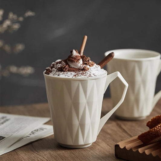 Rhombic White Mug - Elegant Coffee/Cappuccino Mug 12 Fl Oz - Tokemates